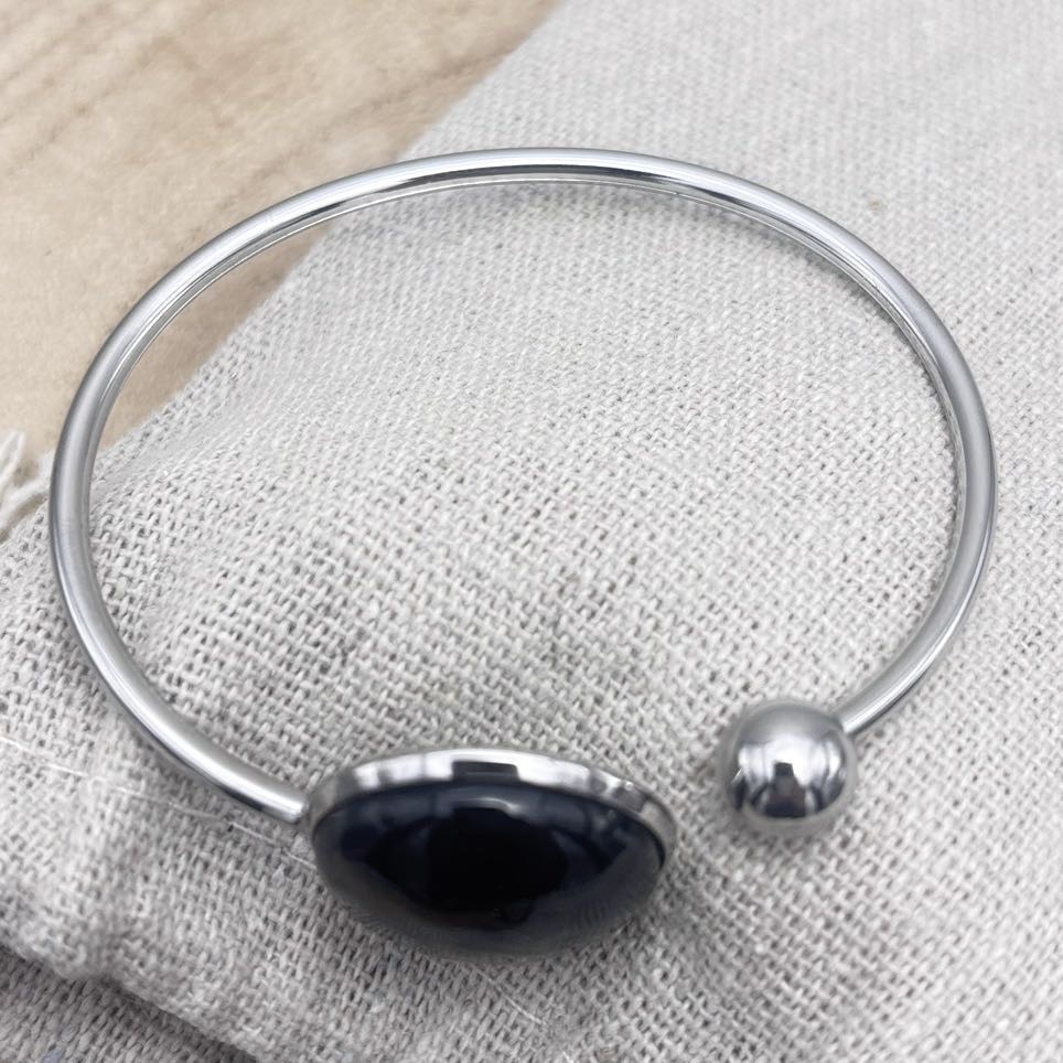 Bracelet-Jonc-Plat-Dessus-Acier-Noir-Uni