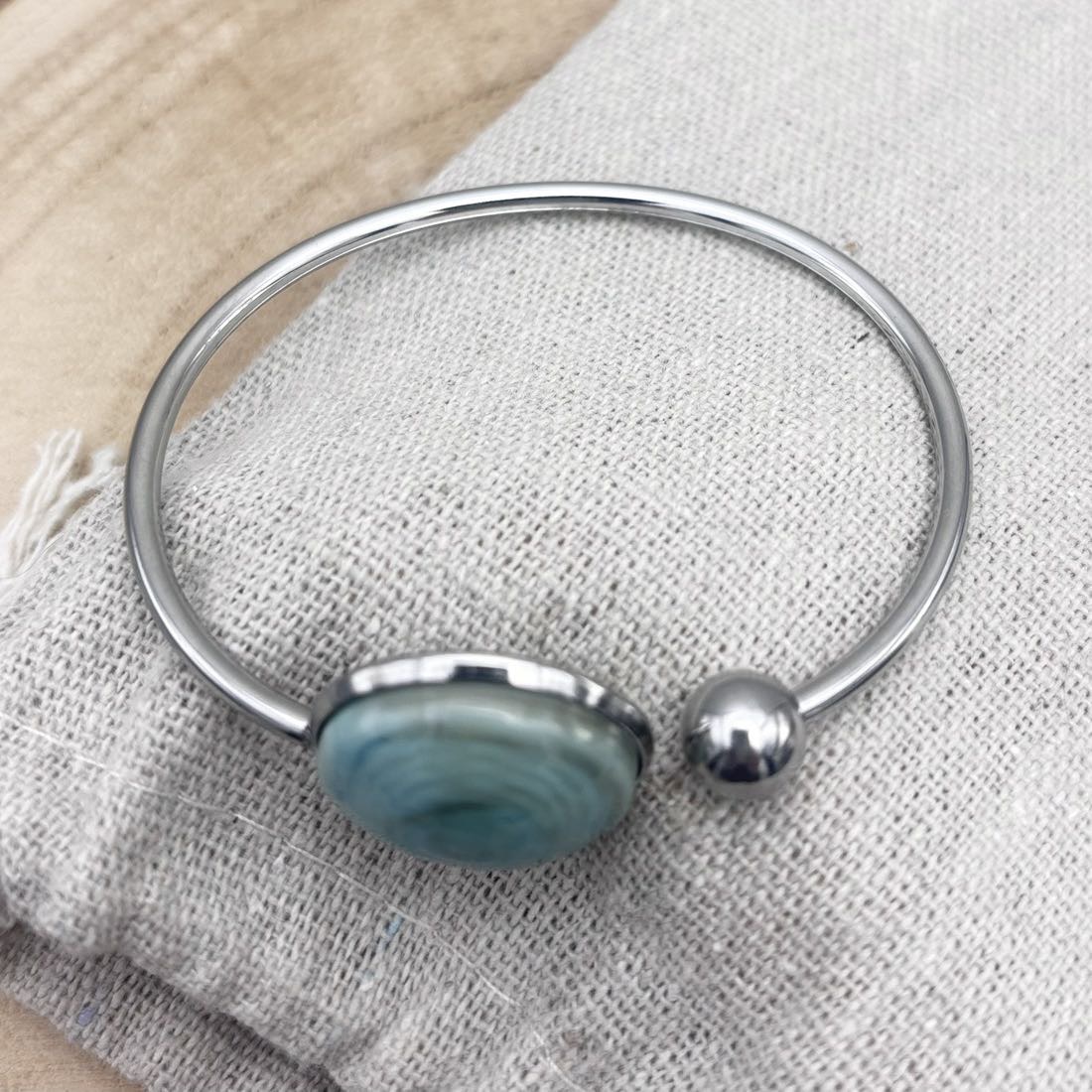 Bracelet-Jonc-Plat-Dessus-Acier-Turquoise-Uni