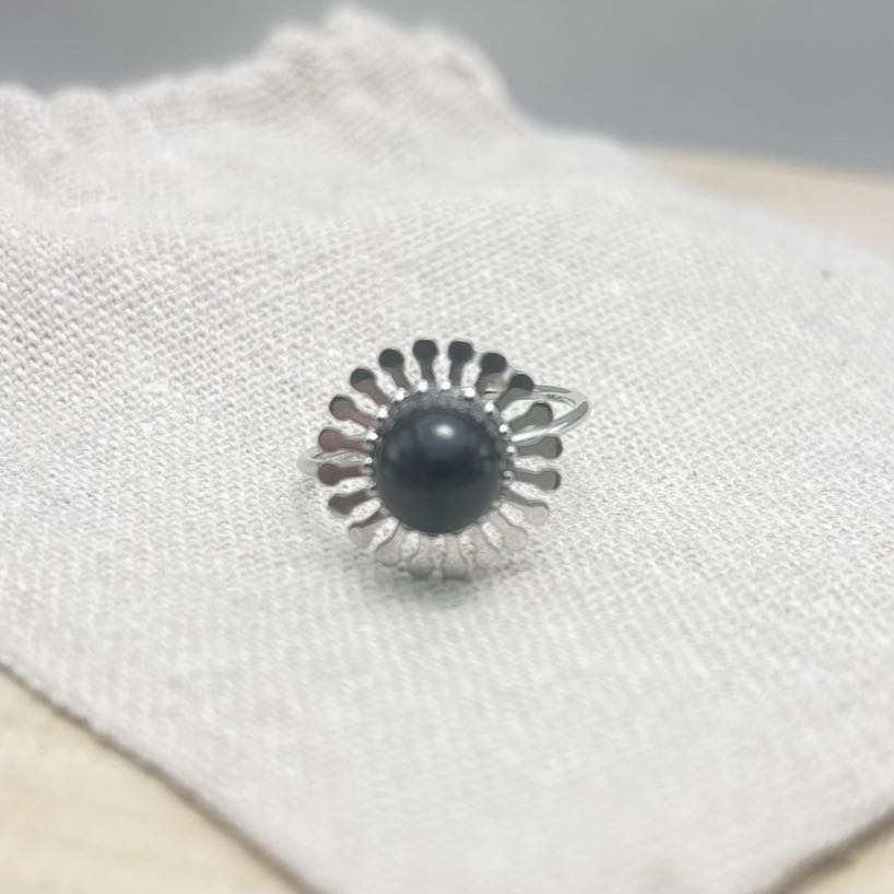 Bague-Fleur-Face-Unis-Noir-Acier