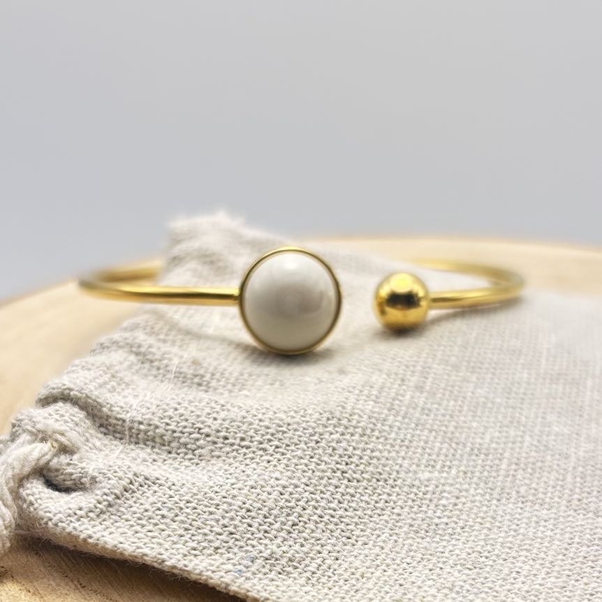Bracelet jonc cabochon ajustable taille L « Unis » Crème Doré