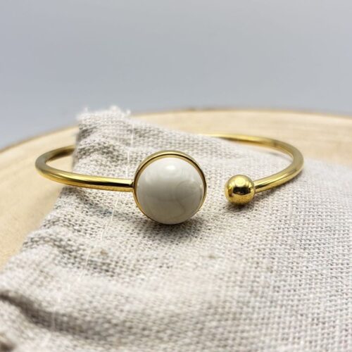 Bracelet jonc cabochon ajustable taille S/M "Unis" Crème Doré