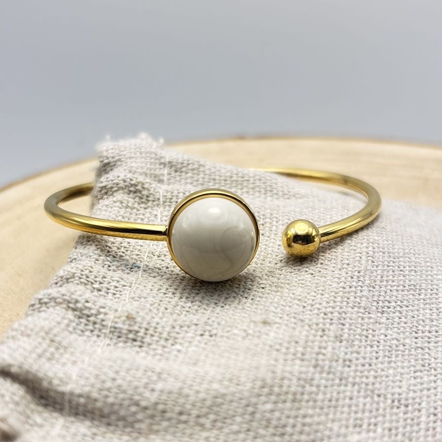 Bracelet jonc cabochon ajustable taille S/M « Unis » Crème Doré