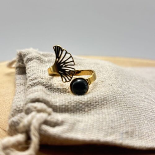 Bague Ginkgo ajustable "Unis" Noir Doré